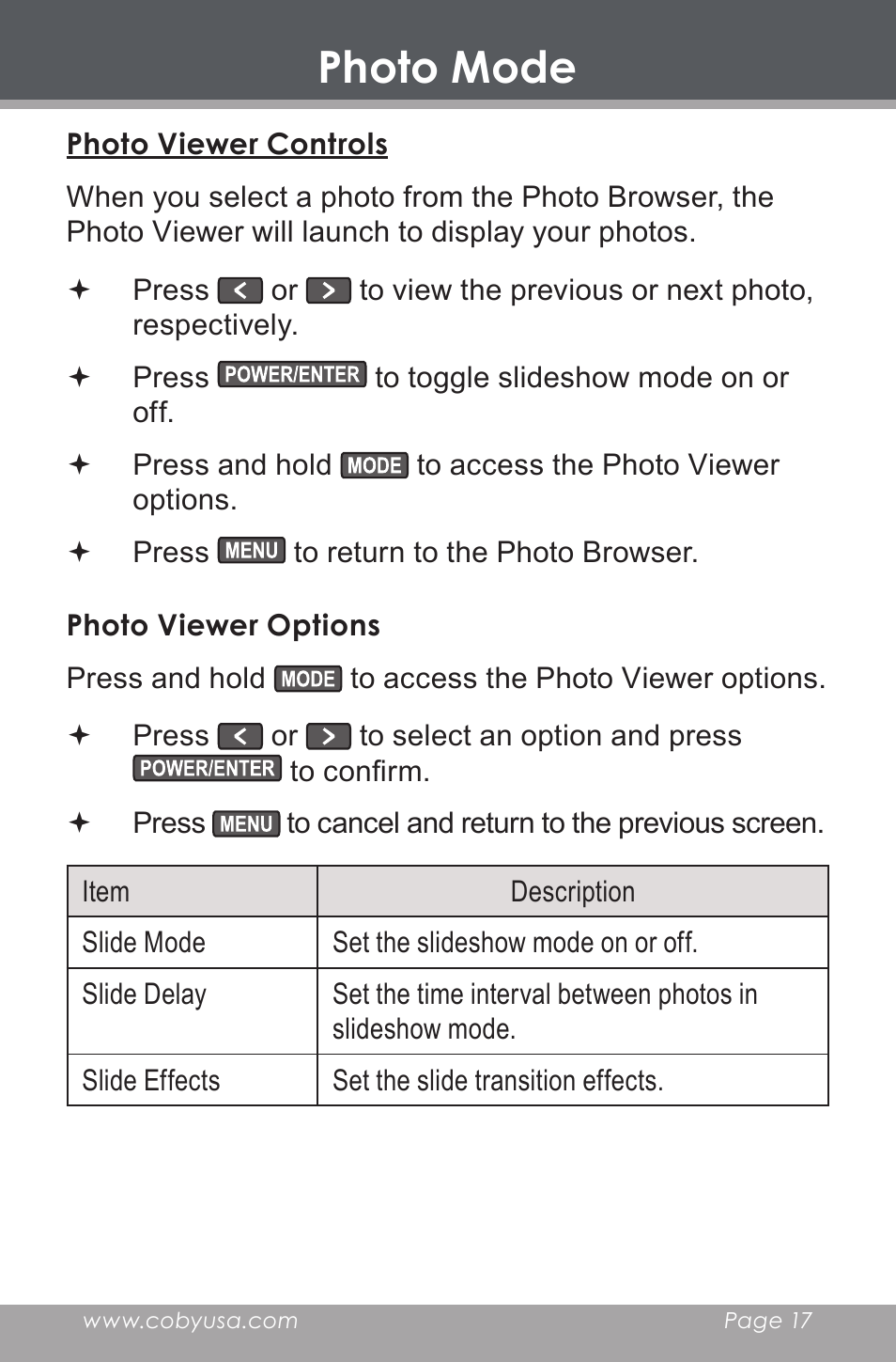 Photo viewer controls, Photo viewer options, Photo mode | COBY electronic DP-240 User Manual | Page 17 / 33