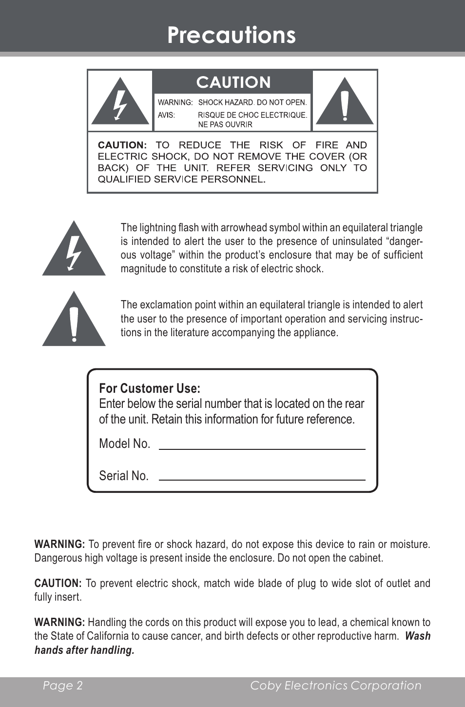 Precautions | COBY electronic DP-240 User Manual | Page 2 / 33