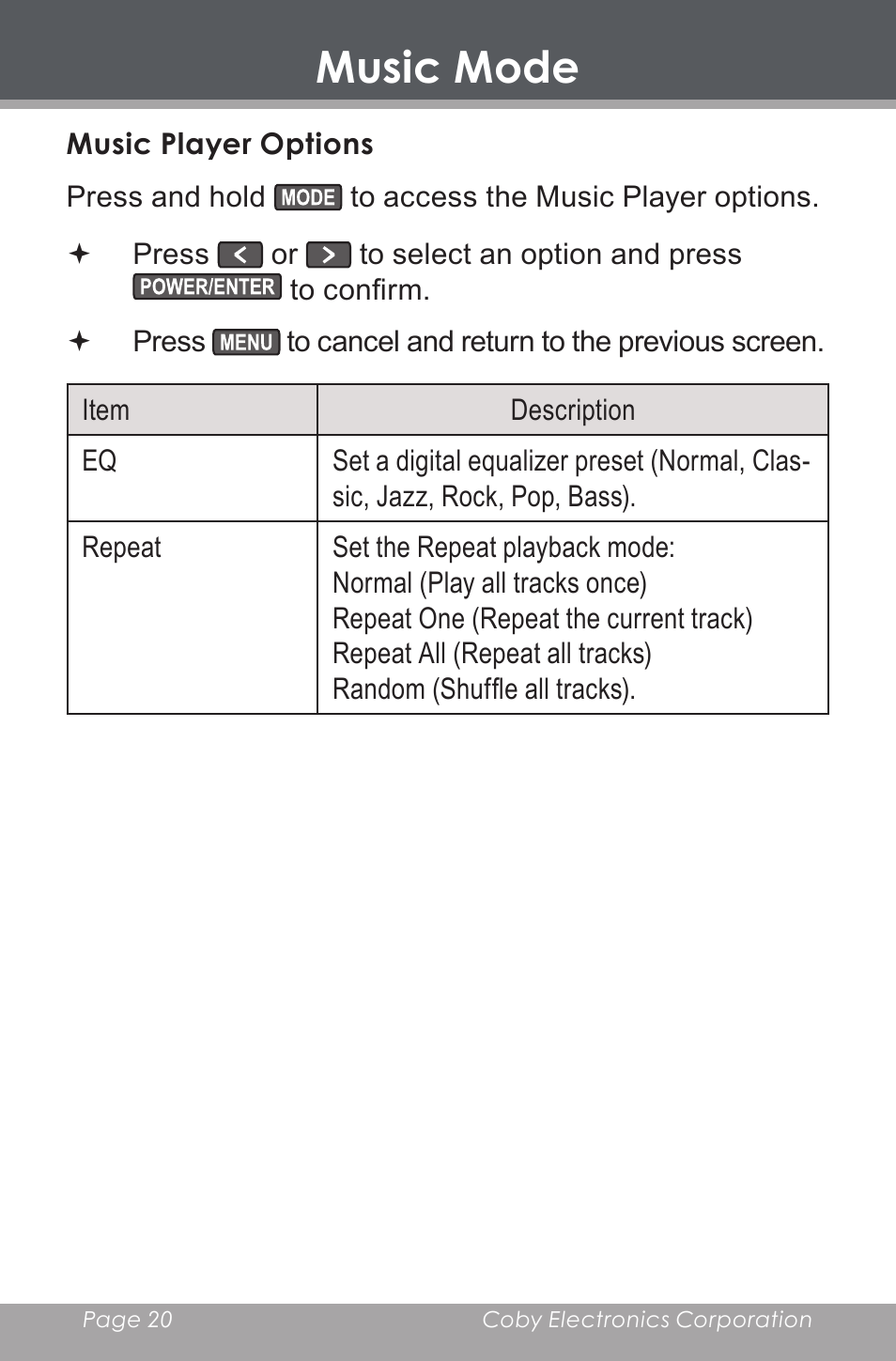 Music player options, Music mode | COBY electronic DP-240 User Manual | Page 20 / 33