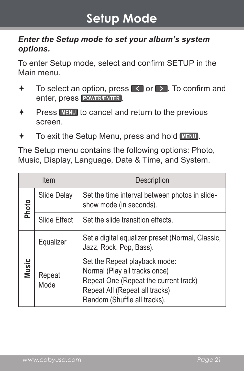 Setup mode | COBY electronic DP-240 User Manual | Page 21 / 33