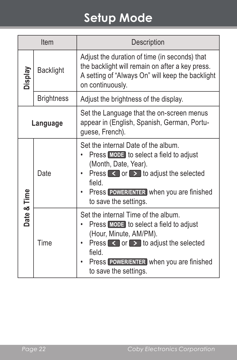 Setup mode | COBY electronic DP-240 User Manual | Page 22 / 33