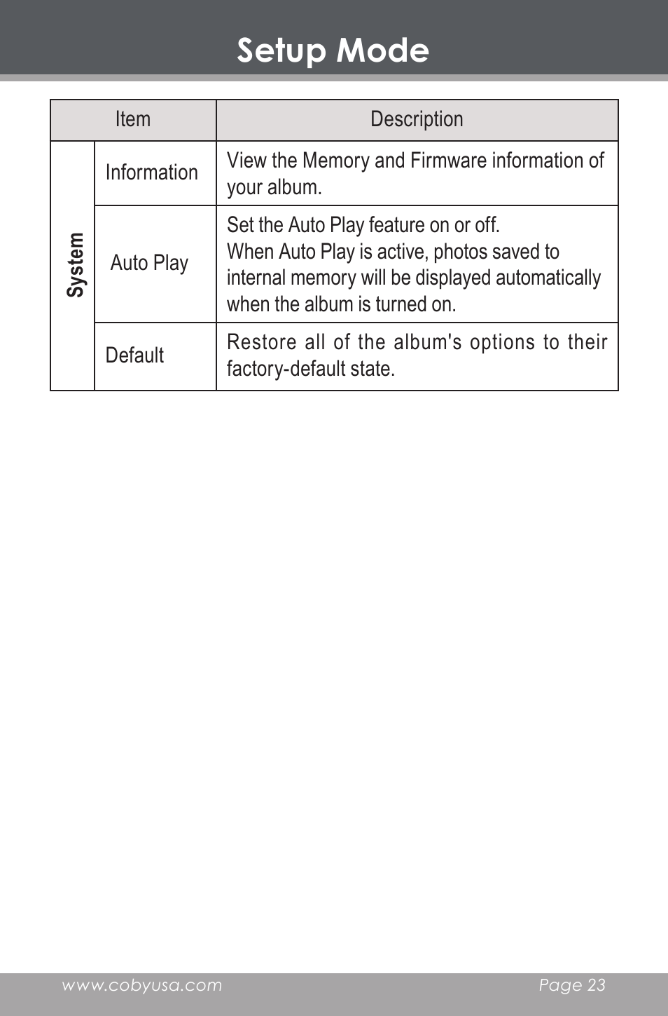 Setup mode | COBY electronic DP-240 User Manual | Page 23 / 33