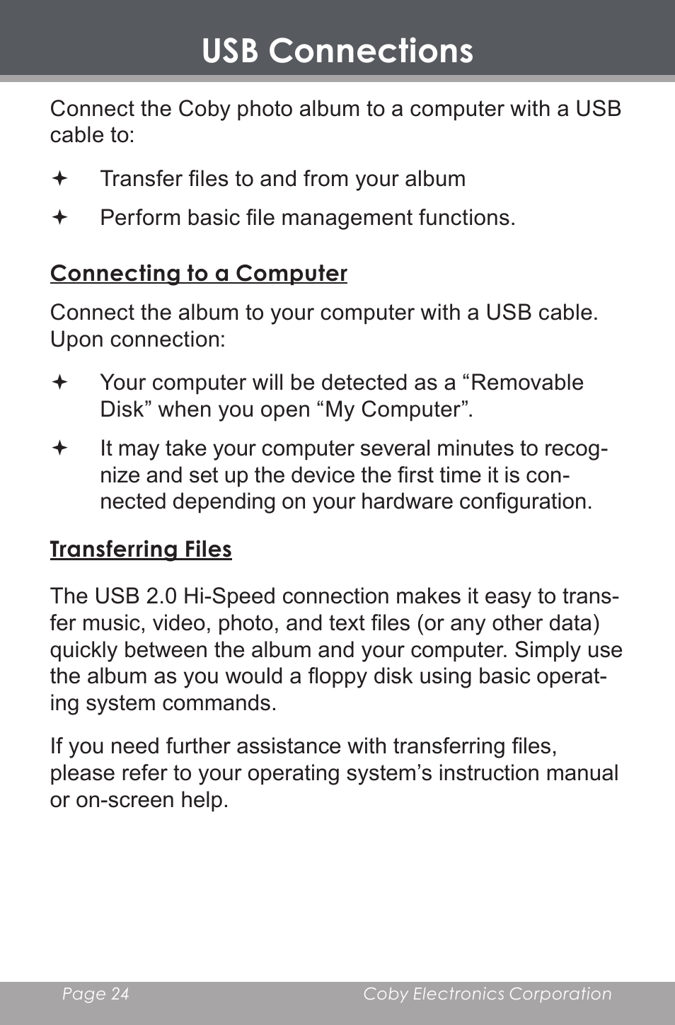 Usb connections, Connecting to a computer, Transferring files | COBY electronic DP-240 User Manual | Page 24 / 33