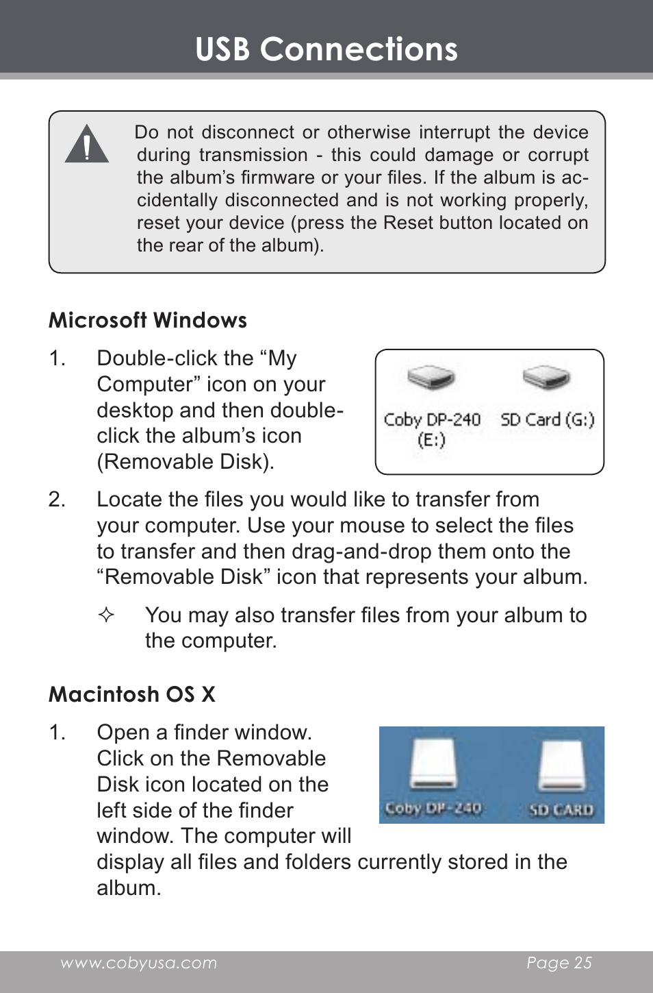 Microsoft windows, Macintosh os x, Usb connections | COBY electronic DP-240 User Manual | Page 25 / 33