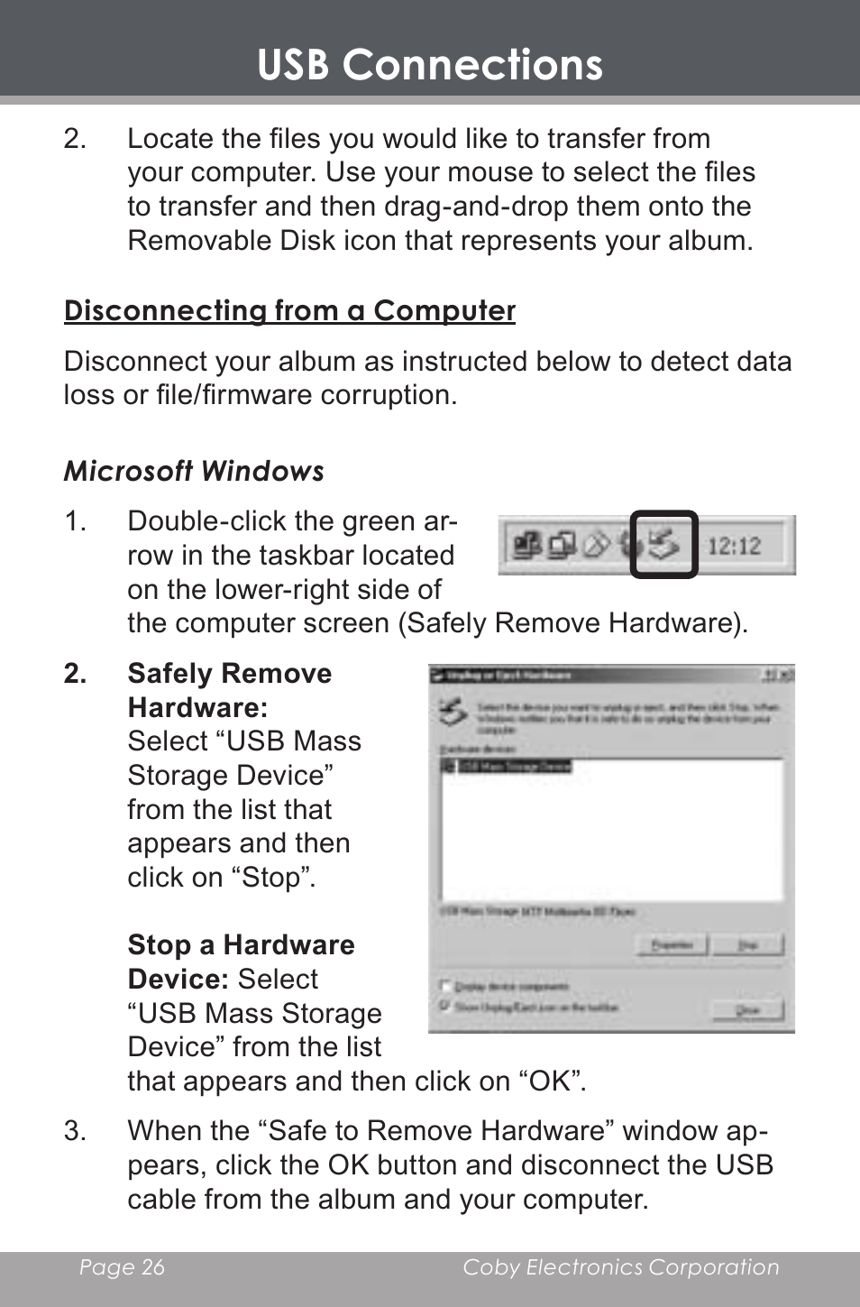 Disconnecting from a computer, Usb connections | COBY electronic DP-240 User Manual | Page 26 / 33