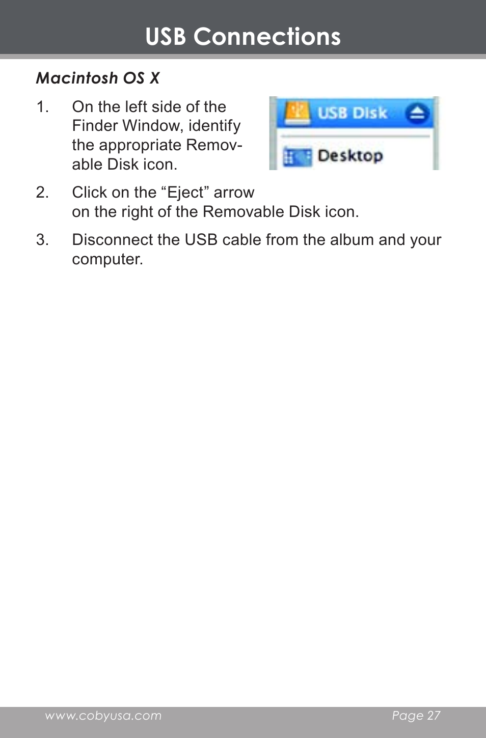 Usb connections | COBY electronic DP-240 User Manual | Page 27 / 33