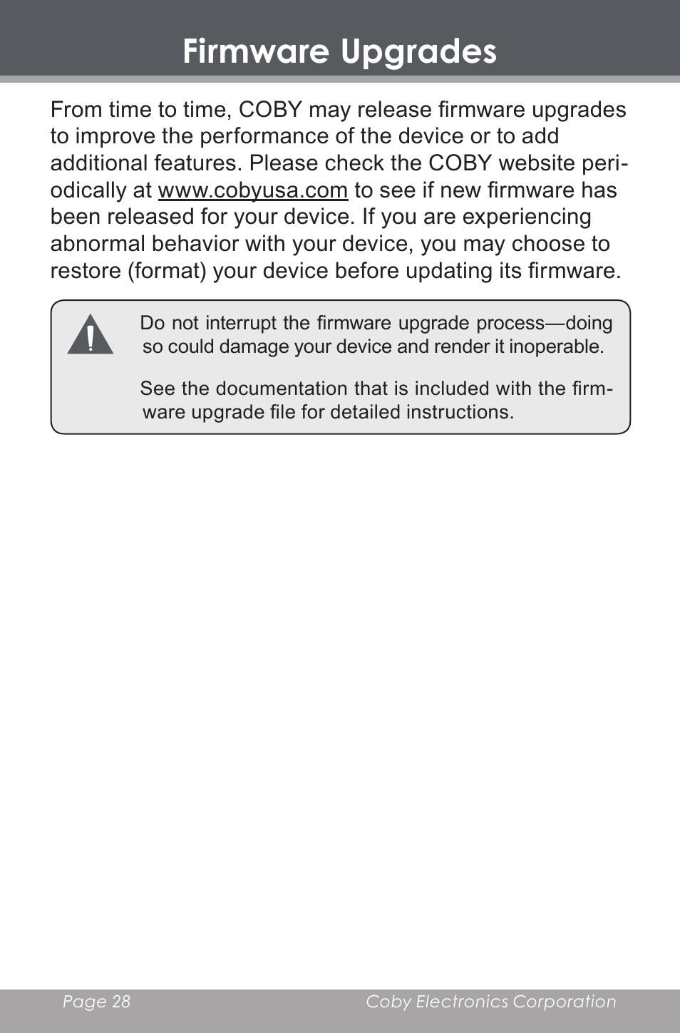 Firmware upgrades | COBY electronic DP-240 User Manual | Page 28 / 33