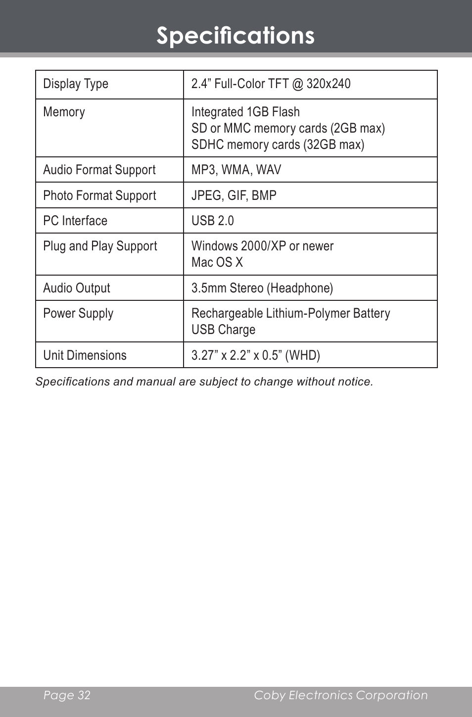 Specifications | COBY electronic DP-240 User Manual | Page 32 / 33