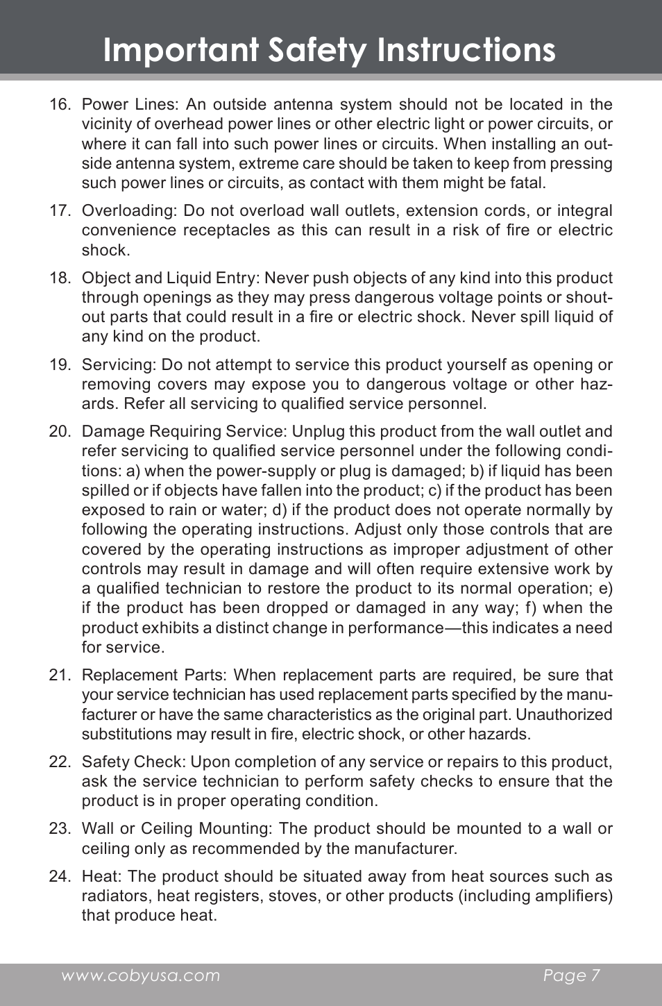 Important safety instructions | COBY electronic DP-240 User Manual | Page 7 / 33