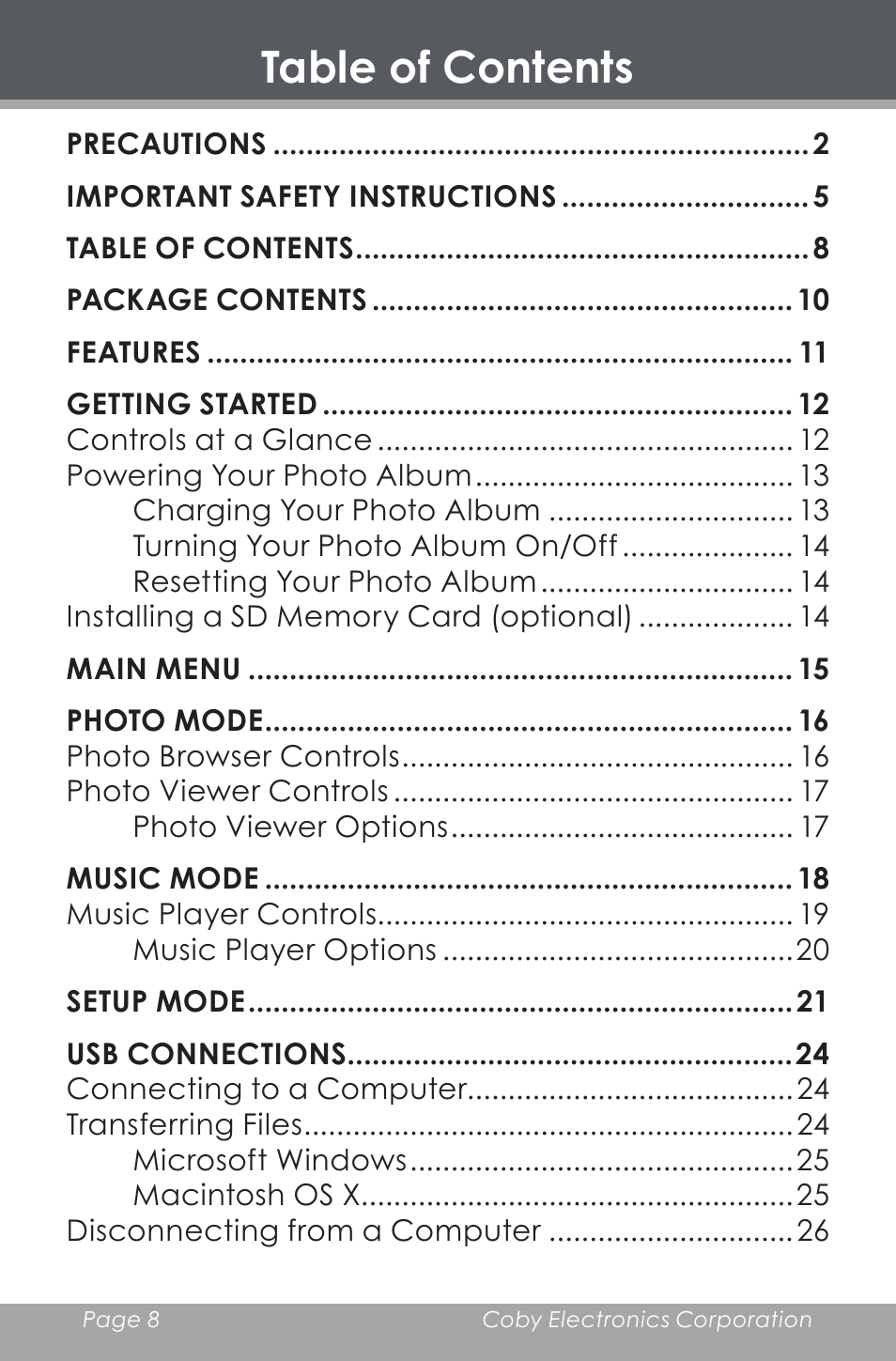 COBY electronic DP-240 User Manual | Page 8 / 33