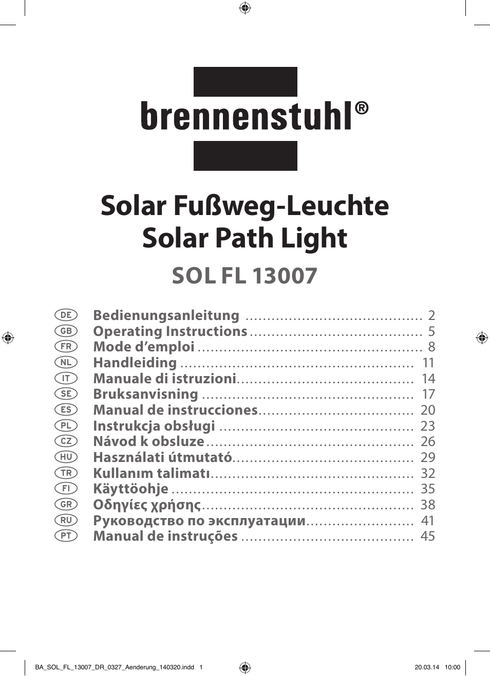 Brennenstuhl Solar LED Pavement Light SOL FL 13007 with PIR sensor and twilight sensor 13xLED 91lm Colour Alu/Silver User Manual | 48 pages