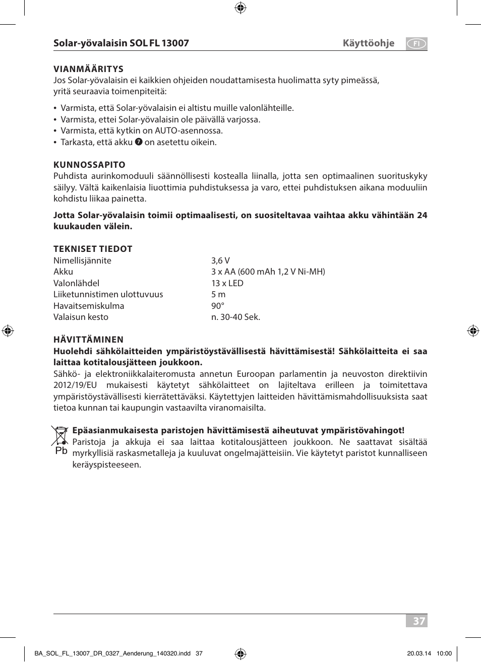 Brennenstuhl Solar LED Pavement Light SOL FL 13007 with PIR sensor and twilight sensor 13xLED 91lm Colour Alu/Silver User Manual | Page 37 / 48