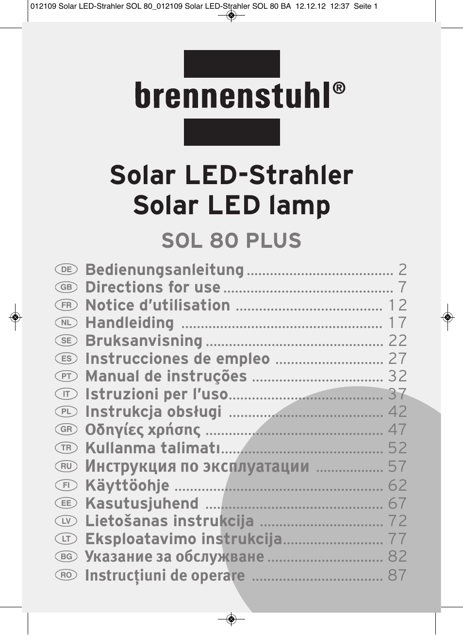 Brennenstuhl Solar LED Light SOL 80 plus IP44 with PIR sensor 8xLED 0,5W 350lm Cable length 4,75m Colour white User Manual | 92 pages