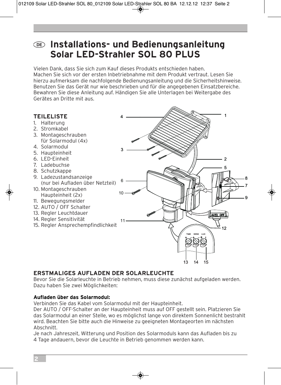 Teileliste, Erstmaliges aufladen der solarleuchte | Brennenstuhl Solar LED Light SOL 80 plus IP44 with PIR sensor 8xLED 0,5W 350lm Cable length 4,75m Colour white User Manual | Page 2 / 92