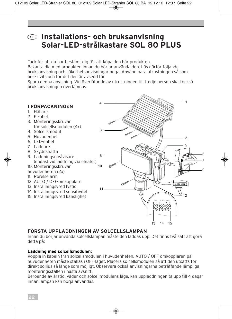 Brennenstuhl Solar LED Light SOL 80 plus IP44 with PIR sensor 8xLED 0,5W 350lm Cable length 4,75m Colour white User Manual | Page 22 / 92