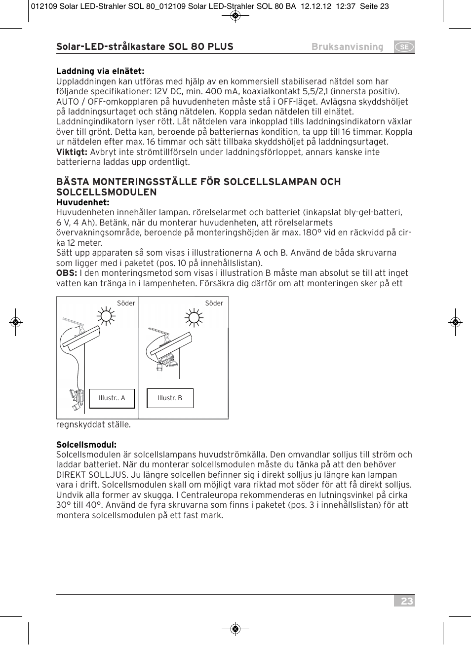 Brennenstuhl Solar LED Light SOL 80 plus IP44 with PIR sensor 8xLED 0,5W 350lm Cable length 4,75m Colour white User Manual | Page 23 / 92