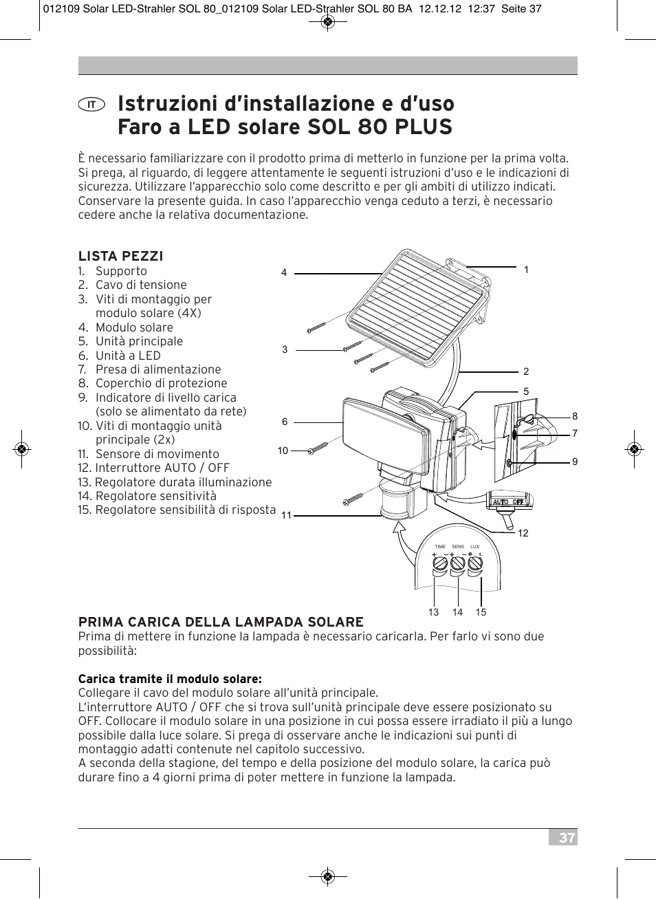 Brennenstuhl Solar LED Light SOL 80 plus IP44 with PIR sensor 8xLED 0,5W 350lm Cable length 4,75m Colour white User Manual | Page 37 / 92