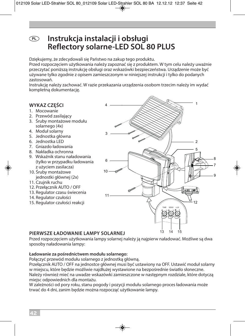 Wykaz części, Pierwsze ładowanie lampy solarnej | Brennenstuhl Solar LED Light SOL 80 plus IP44 with PIR sensor 8xLED 0,5W 350lm Cable length 4,75m Colour white User Manual | Page 42 / 92