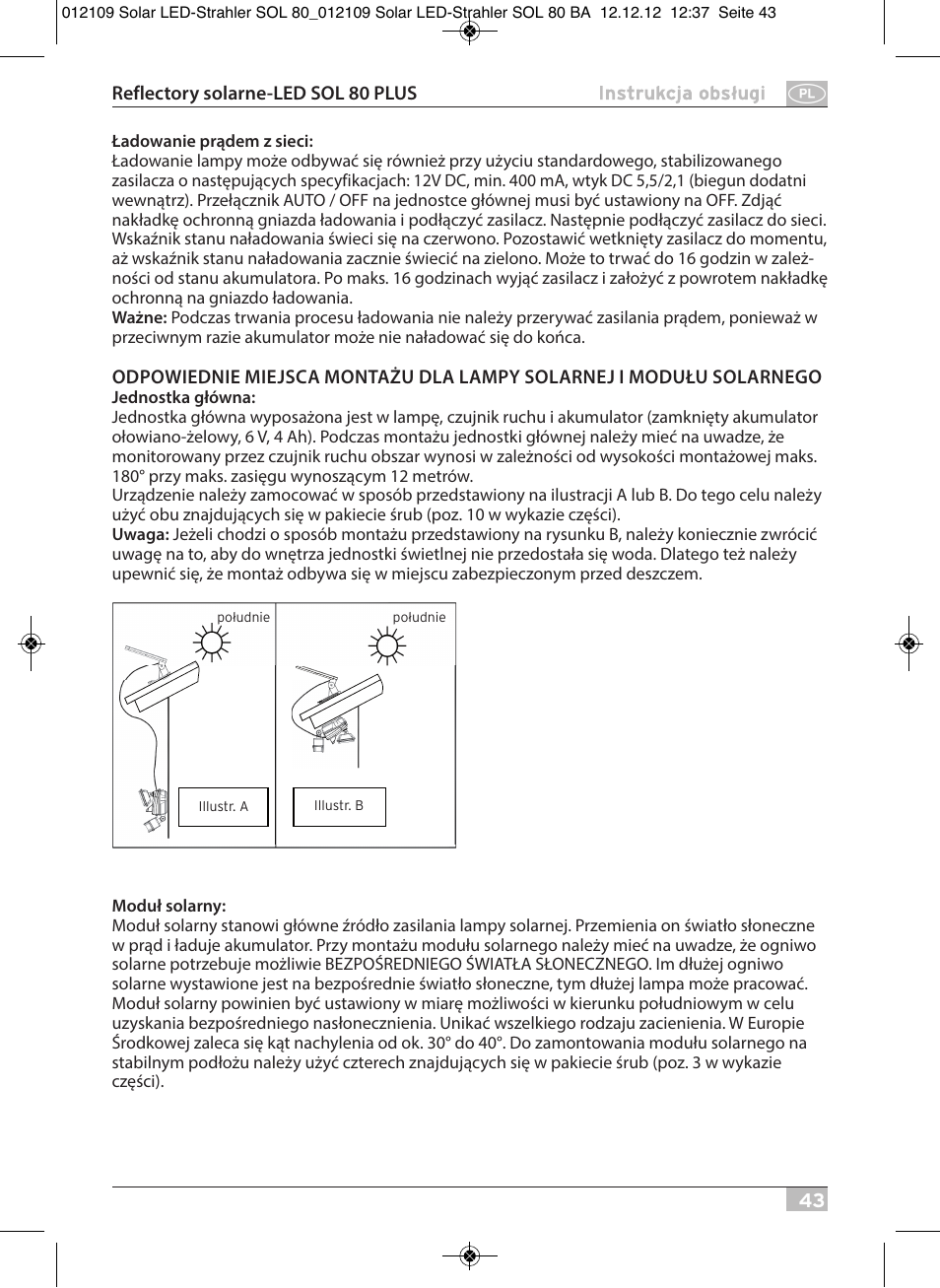 Brennenstuhl Solar LED Light SOL 80 plus IP44 with PIR sensor 8xLED 0,5W 350lm Cable length 4,75m Colour white User Manual | Page 43 / 92