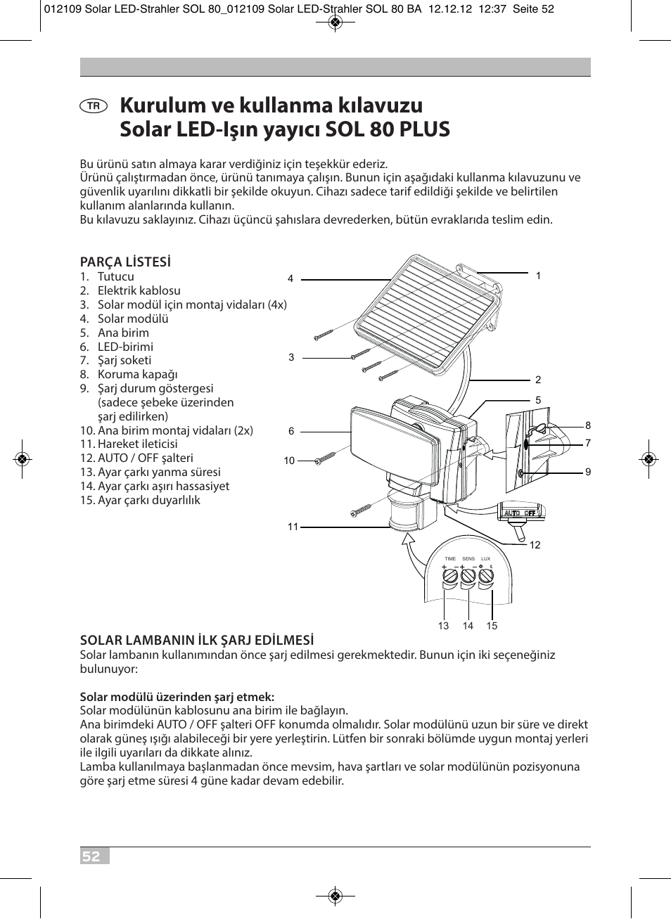 Brennenstuhl Solar LED Light SOL 80 plus IP44 with PIR sensor 8xLED 0,5W 350lm Cable length 4,75m Colour white User Manual | Page 52 / 92