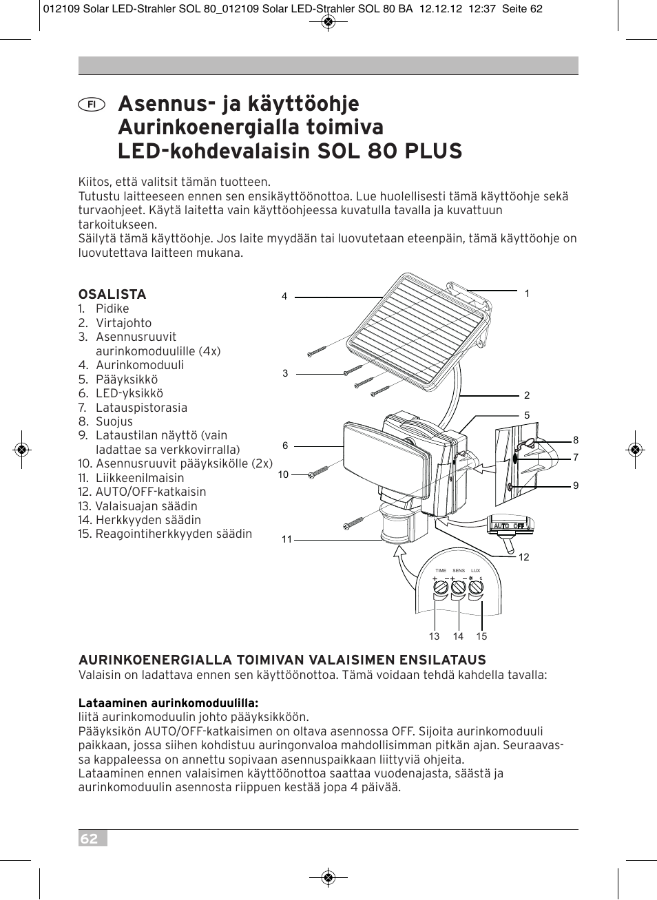 Brennenstuhl Solar LED Light SOL 80 plus IP44 with PIR sensor 8xLED 0,5W 350lm Cable length 4,75m Colour white User Manual | Page 62 / 92