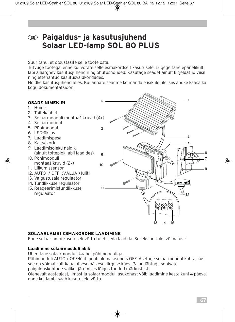 Brennenstuhl Solar LED Light SOL 80 plus IP44 with PIR sensor 8xLED 0,5W 350lm Cable length 4,75m Colour white User Manual | Page 67 / 92