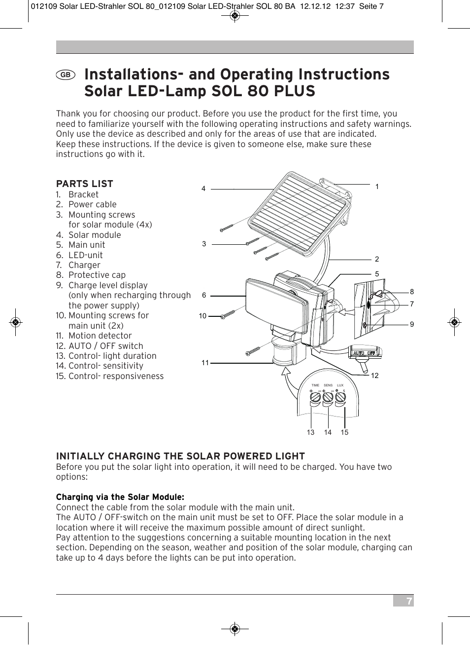 Brennenstuhl Solar LED Light SOL 80 plus IP44 with PIR sensor 8xLED 0,5W 350lm Cable length 4,75m Colour white User Manual | Page 7 / 92