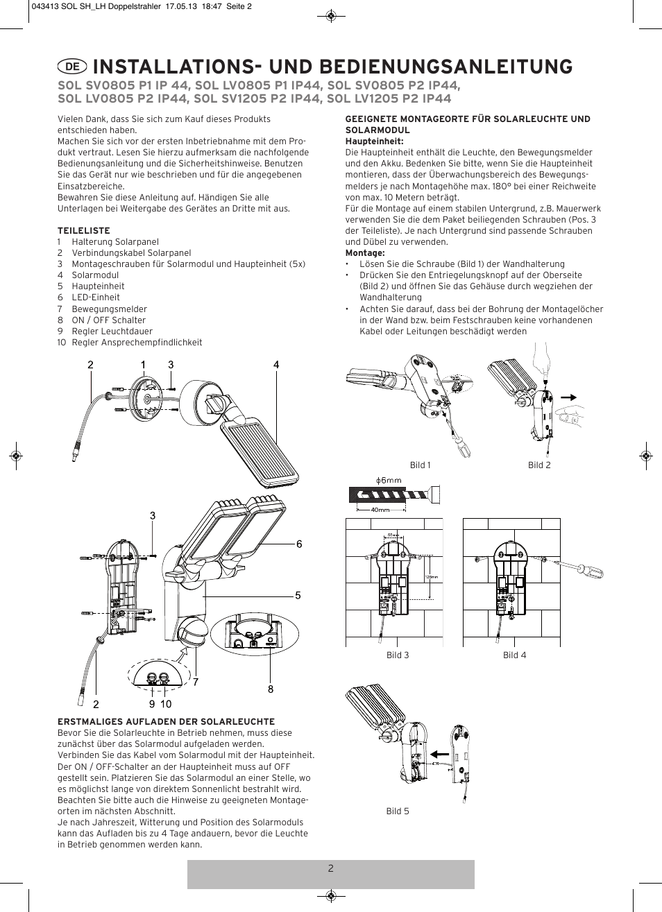 Installations- und bedienungsanleitung | Brennenstuhl Solar LED-spot Duo Premium SOL SV0805 P1 IP44 with PIR sensor 8xLED 0,5W 320lm Cable length 4,75m Colour Anthracite User Manual | Page 2 / 72
