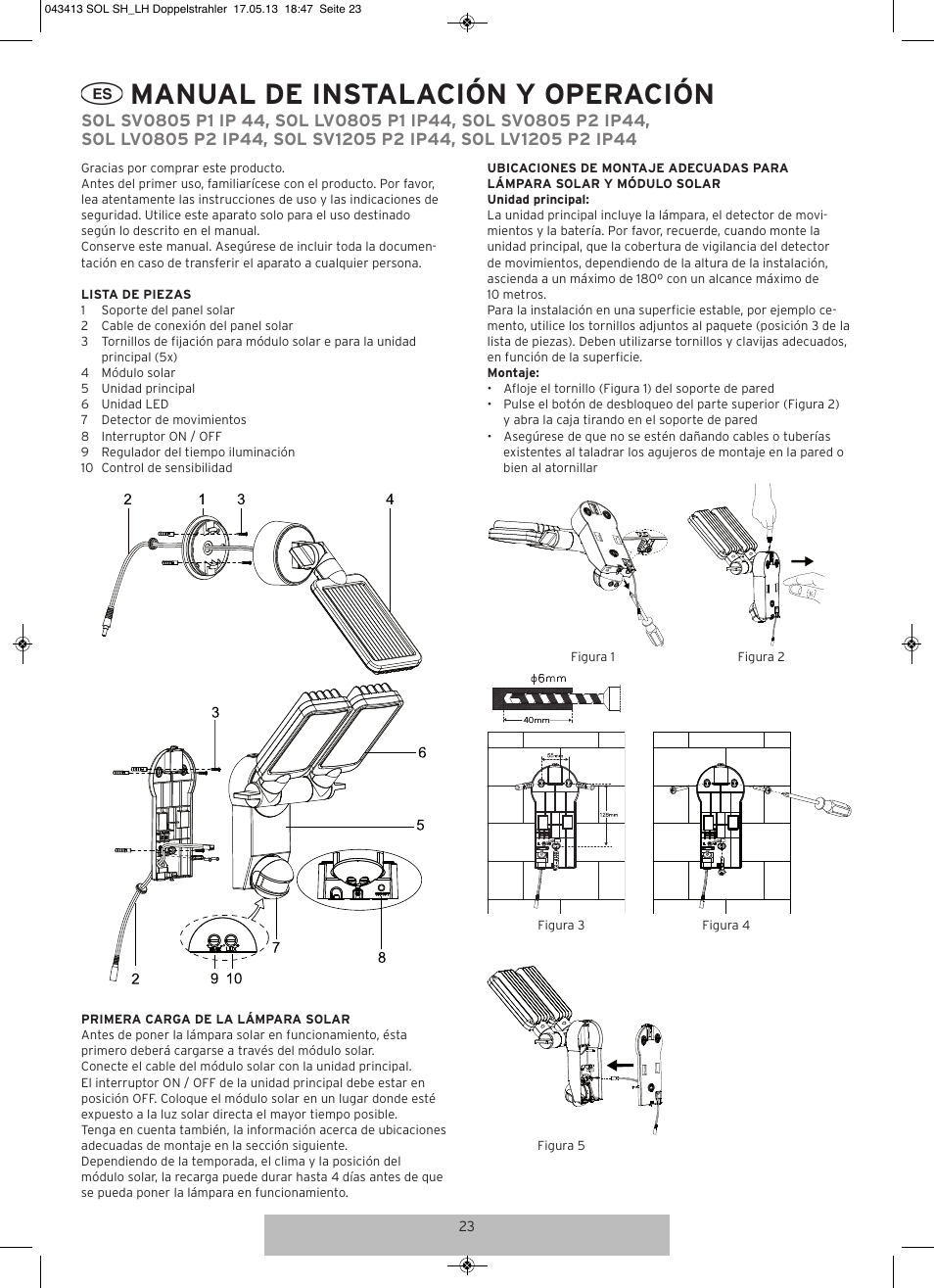 Manual de instalación y operación | Brennenstuhl Solar LED-spot Duo Premium SOL SV0805 P1 IP44 with PIR sensor 8xLED 0,5W 320lm Cable length 4,75m Colour Anthracite User Manual | Page 23 / 72