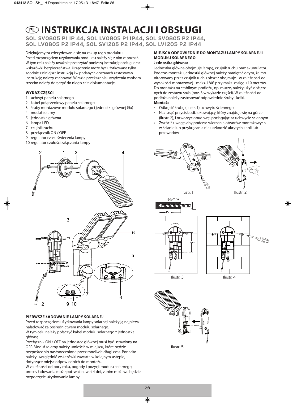 Instrukcja instalacji i obsługi | Brennenstuhl Solar LED-spot Duo Premium SOL SV0805 P1 IP44 with PIR sensor 8xLED 0,5W 320lm Cable length 4,75m Colour Anthracite User Manual | Page 26 / 72