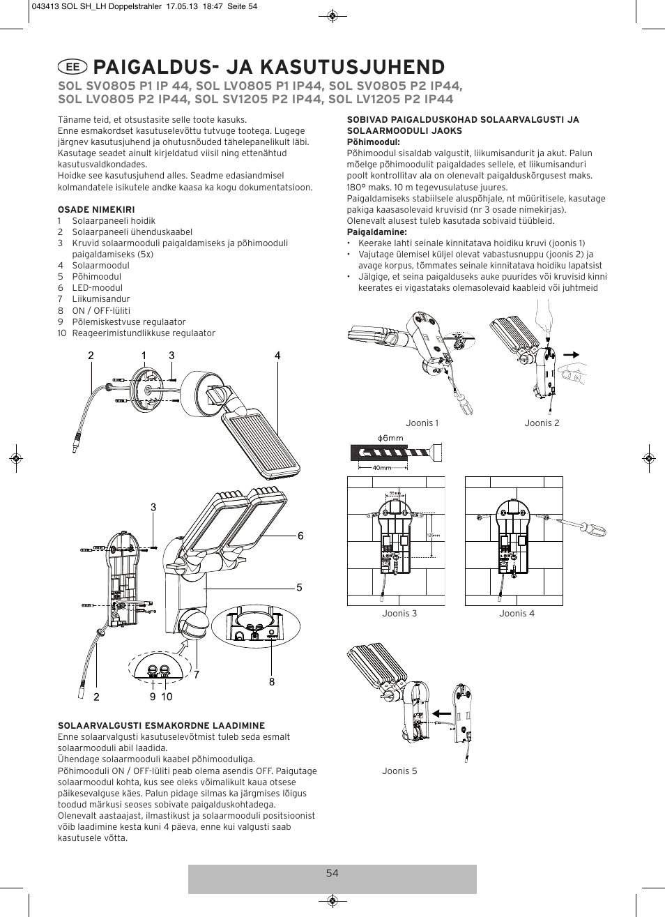 Paigaldus- ja kasutusjuhend | Brennenstuhl Solar LED-spot Duo Premium SOL SV0805 P1 IP44 with PIR sensor 8xLED 0,5W 320lm Cable length 4,75m Colour Anthracite User Manual | Page 54 / 72