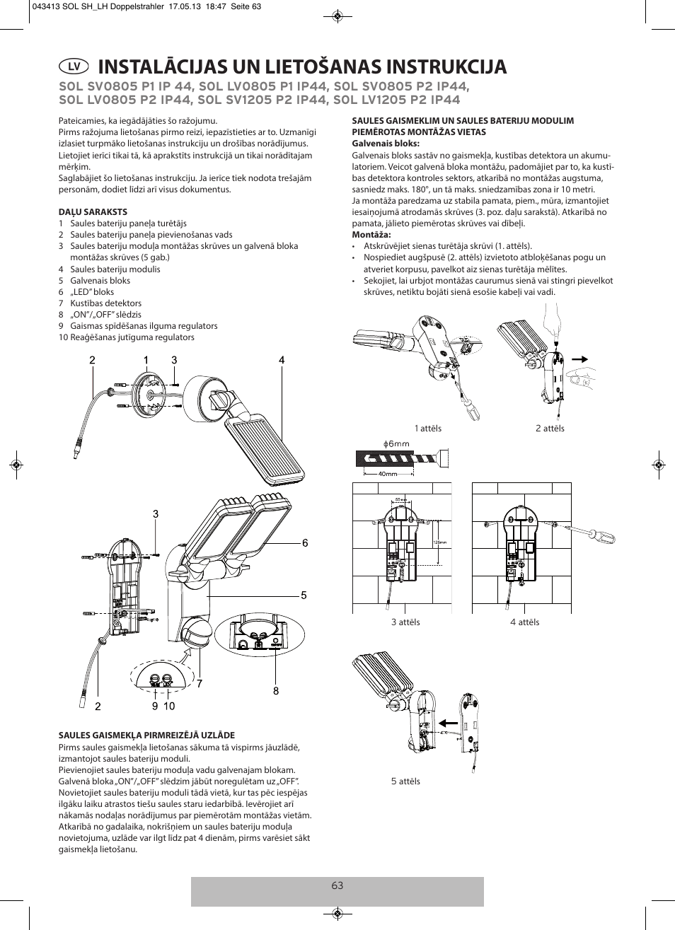 Instalācijas un lietošanas instrukcija | Brennenstuhl Solar LED-spot Duo Premium SOL SV0805 P1 IP44 with PIR sensor 8xLED 0,5W 320lm Cable length 4,75m Colour Anthracite User Manual | Page 63 / 72