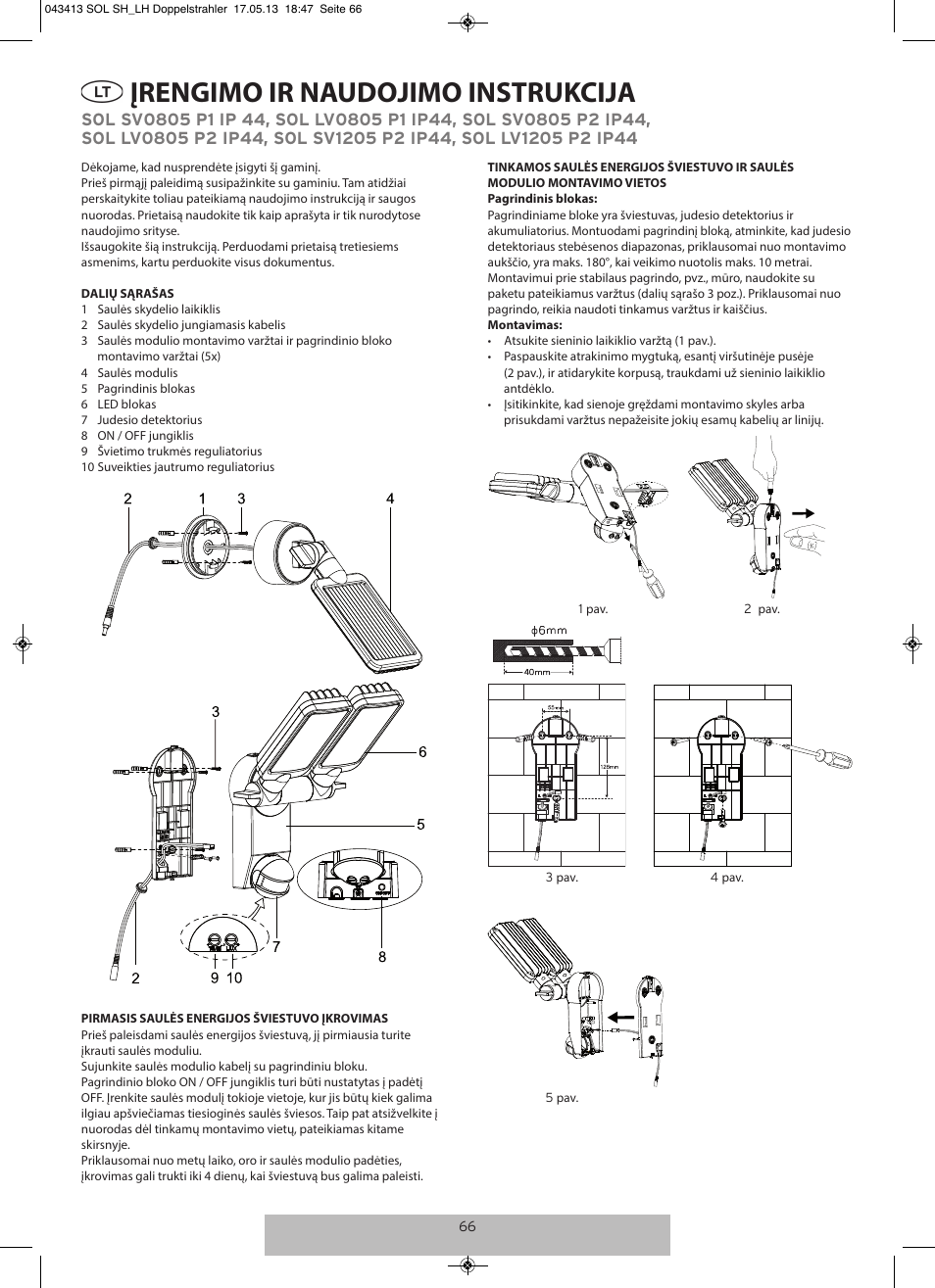 Įrengimo ir naudojimo instrukcija | Brennenstuhl Solar LED-spot Duo Premium SOL SV0805 P1 IP44 with PIR sensor 8xLED 0,5W 320lm Cable length 4,75m Colour Anthracite User Manual | Page 66 / 72