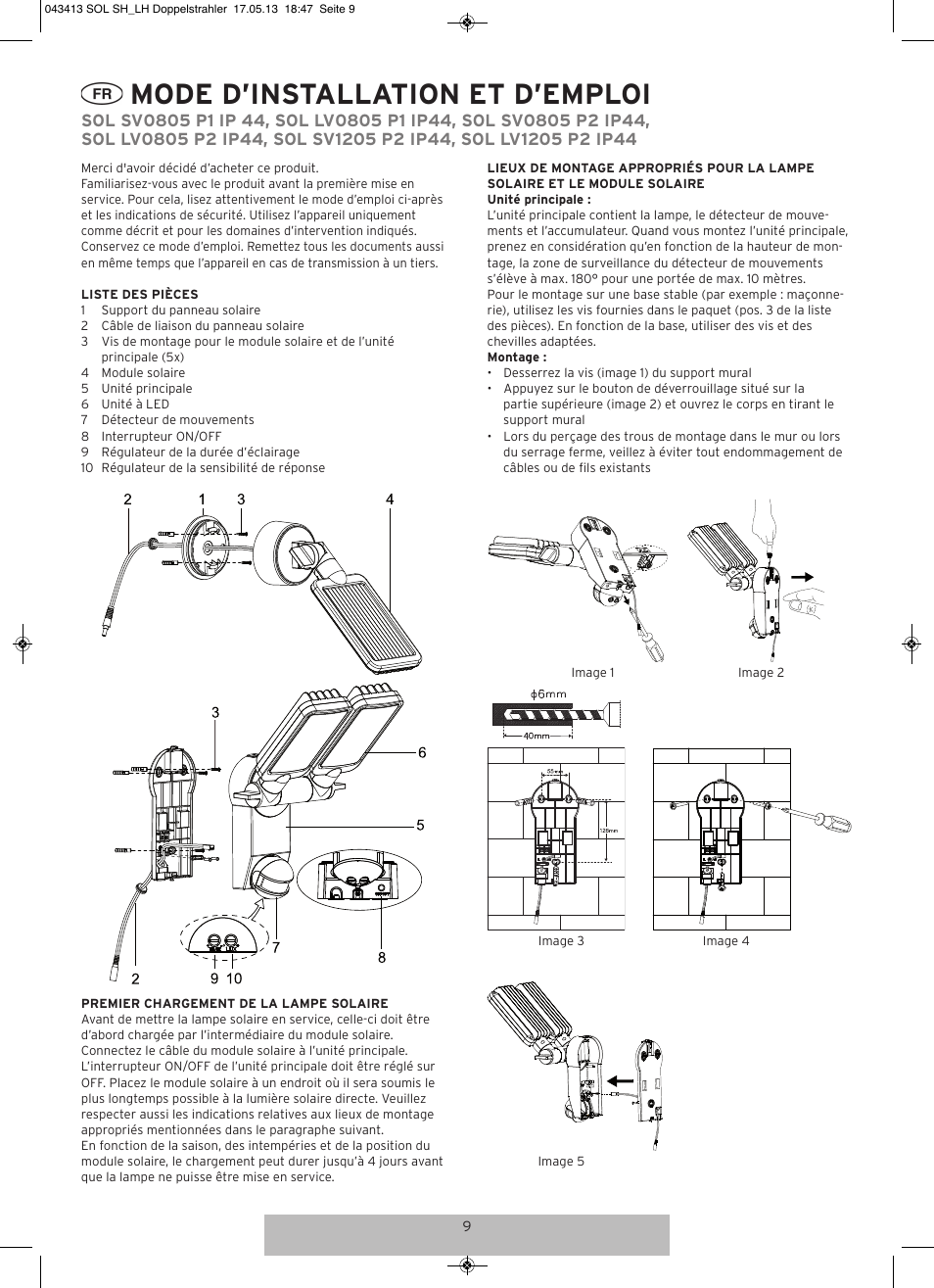 Mode d’installation et d’emploi | Brennenstuhl Solar LED-spot Duo Premium SOL SV0805 P1 IP44 with PIR sensor 8xLED 0,5W 320lm Cable length 4,75m Colour Anthracite User Manual | Page 9 / 72
