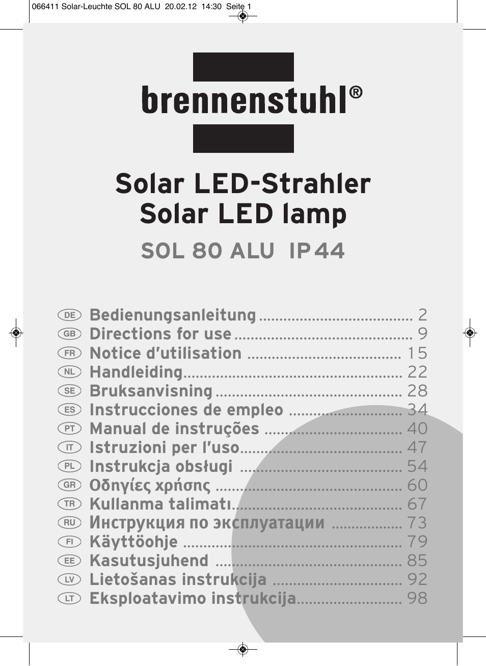 Brennenstuhl Solar LED Light SOL 80 ALU IP44 with PIR sensor 8xLED 0,5W 350lm Cable length 4,75m Colour ALU User Manual | 104 pages