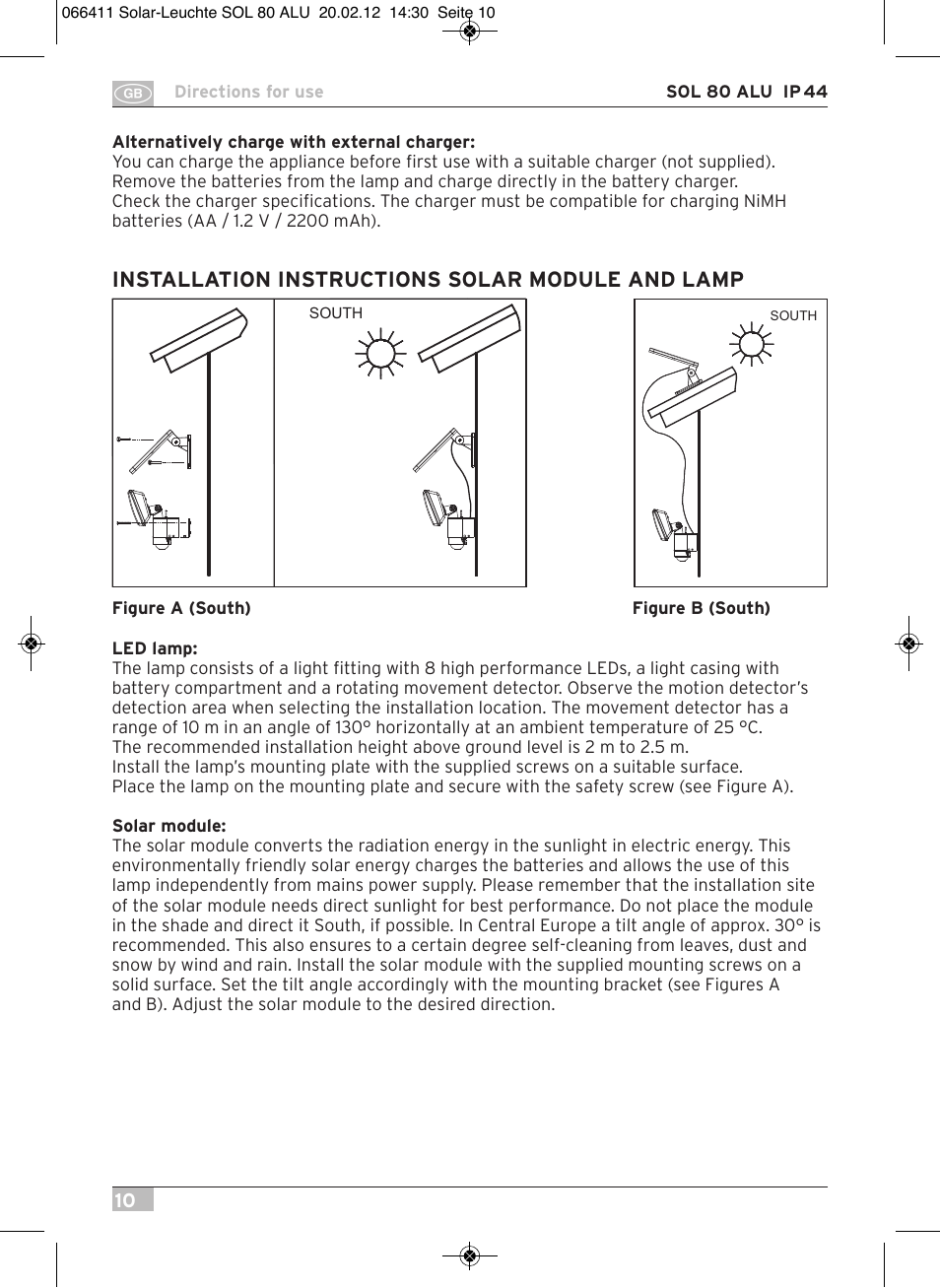 Installation instructions solar module and lamp | Brennenstuhl Solar LED Light SOL 80 ALU IP44 with PIR sensor 8xLED 0,5W 350lm Cable length 4,75m Colour ALU User Manual | Page 10 / 104