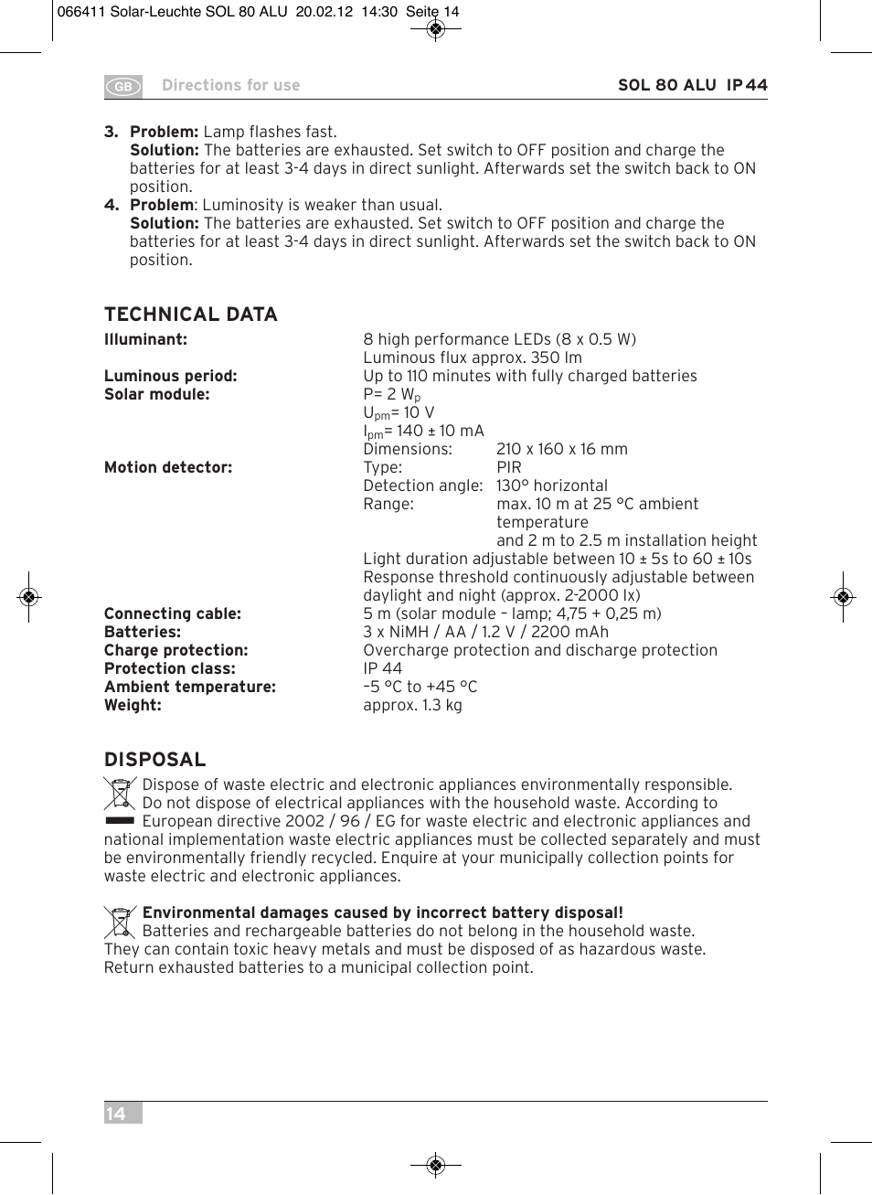 Technical data, Disposal | Brennenstuhl Solar LED Light SOL 80 ALU IP44 with PIR sensor 8xLED 0,5W 350lm Cable length 4,75m Colour ALU User Manual | Page 14 / 104