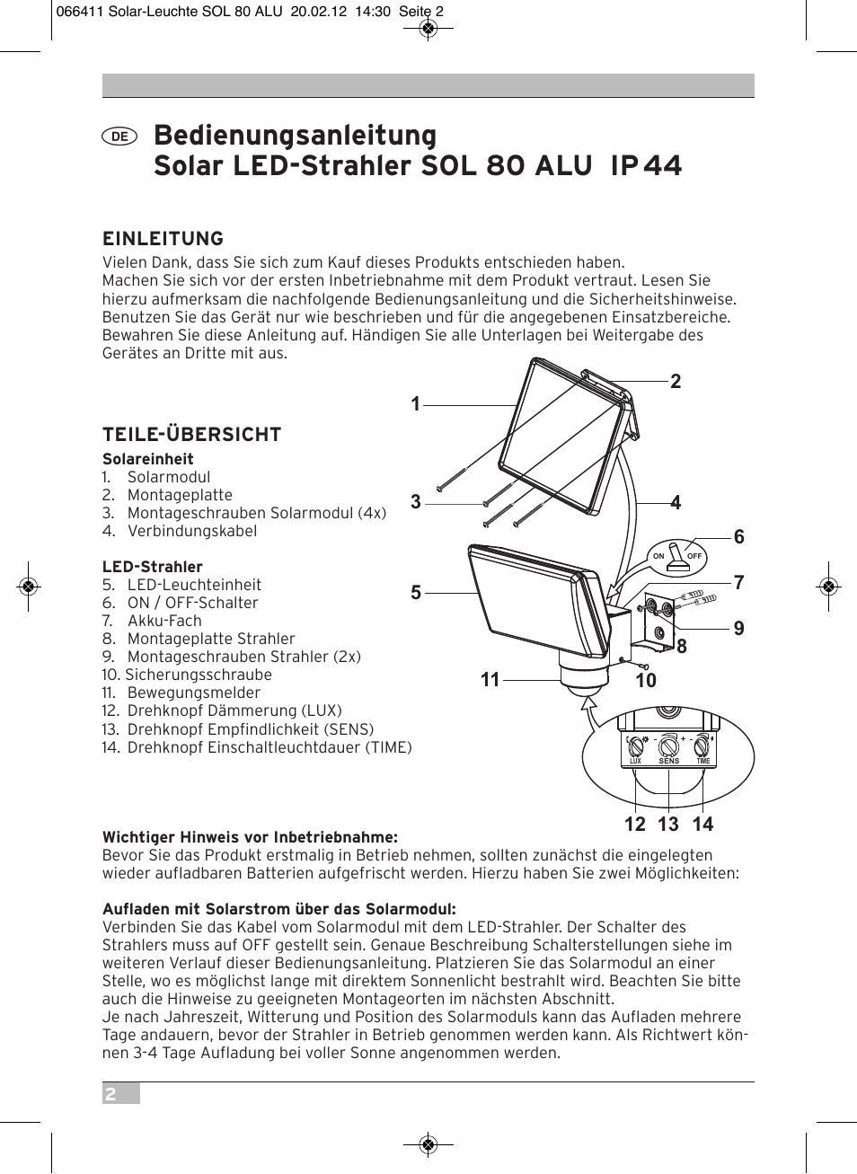 Brennenstuhl Solar LED Light SOL 80 ALU IP44 with PIR sensor 8xLED 0,5W 350lm Cable length 4,75m Colour ALU User Manual | Page 2 / 104