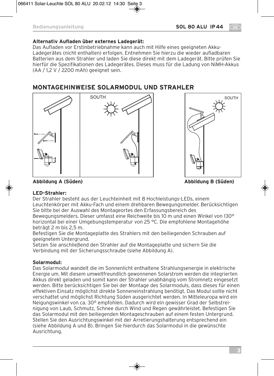 Montagehinweise solarmodul und strahler | Brennenstuhl Solar LED Light SOL 80 ALU IP44 with PIR sensor 8xLED 0,5W 350lm Cable length 4,75m Colour ALU User Manual | Page 3 / 104