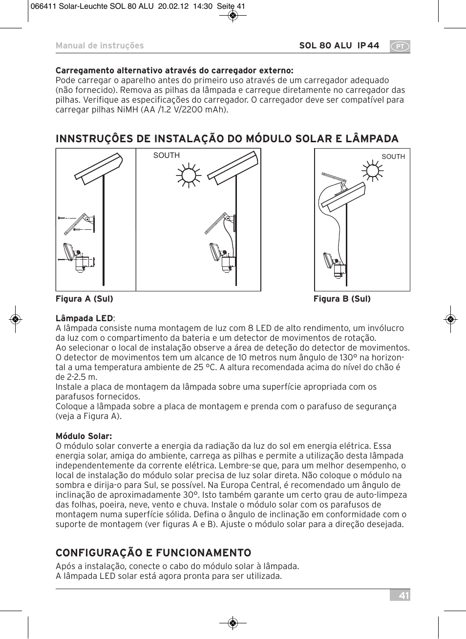 Configuração e funcionamento | Brennenstuhl Solar LED Light SOL 80 ALU IP44 with PIR sensor 8xLED 0,5W 350lm Cable length 4,75m Colour ALU User Manual | Page 41 / 104