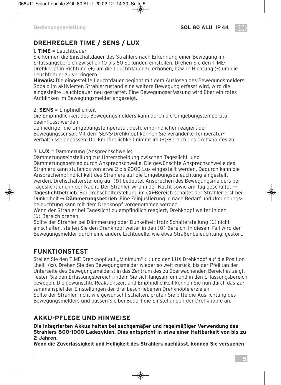Drehregler time / sens / lux, Funktionstest, Akku-pflege und hinweise | Brennenstuhl Solar LED Light SOL 80 ALU IP44 with PIR sensor 8xLED 0,5W 350lm Cable length 4,75m Colour ALU User Manual | Page 5 / 104
