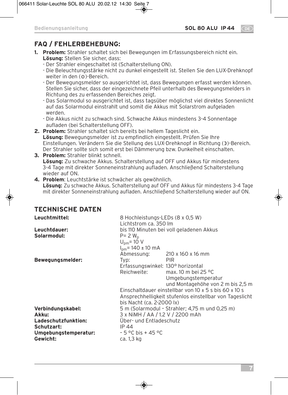 Faq / fehlerbehebung, Technische daten | Brennenstuhl Solar LED Light SOL 80 ALU IP44 with PIR sensor 8xLED 0,5W 350lm Cable length 4,75m Colour ALU User Manual | Page 7 / 104
