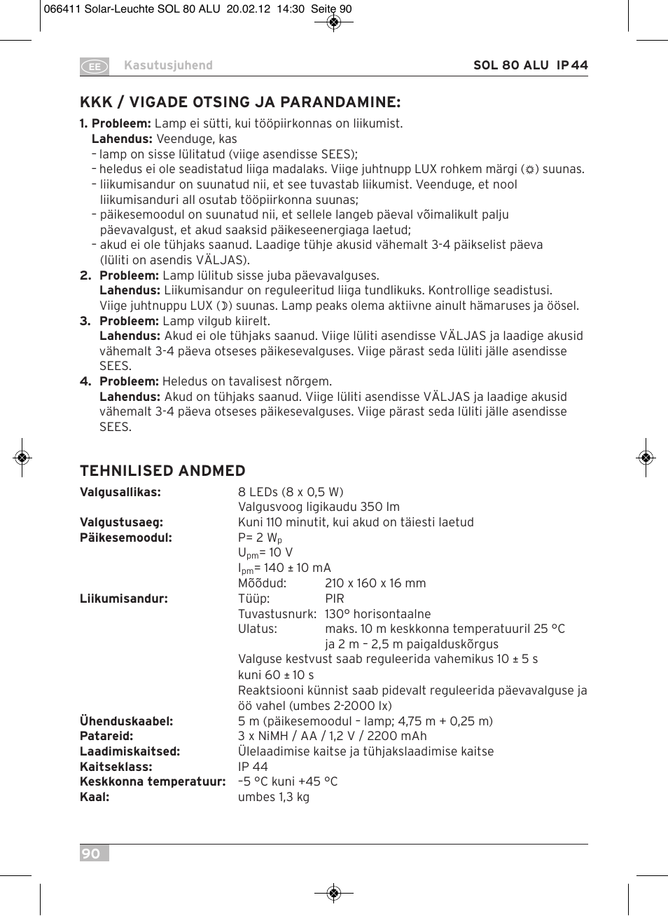 Kkk / vigade otsing ja parandamine, Tehnilised andmed | Brennenstuhl Solar LED Light SOL 80 ALU IP44 with PIR sensor 8xLED 0,5W 350lm Cable length 4,75m Colour ALU User Manual | Page 90 / 104