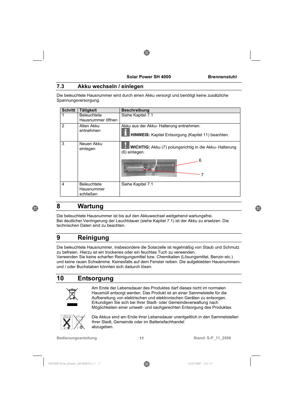 8 wartung, 9 reinigung, 10 entsorgung | 3 akku wechseln / einlegen | Brennenstuhl Illuminated House Number Solar Power SH 4000 User Manual | Page 11 / 104
