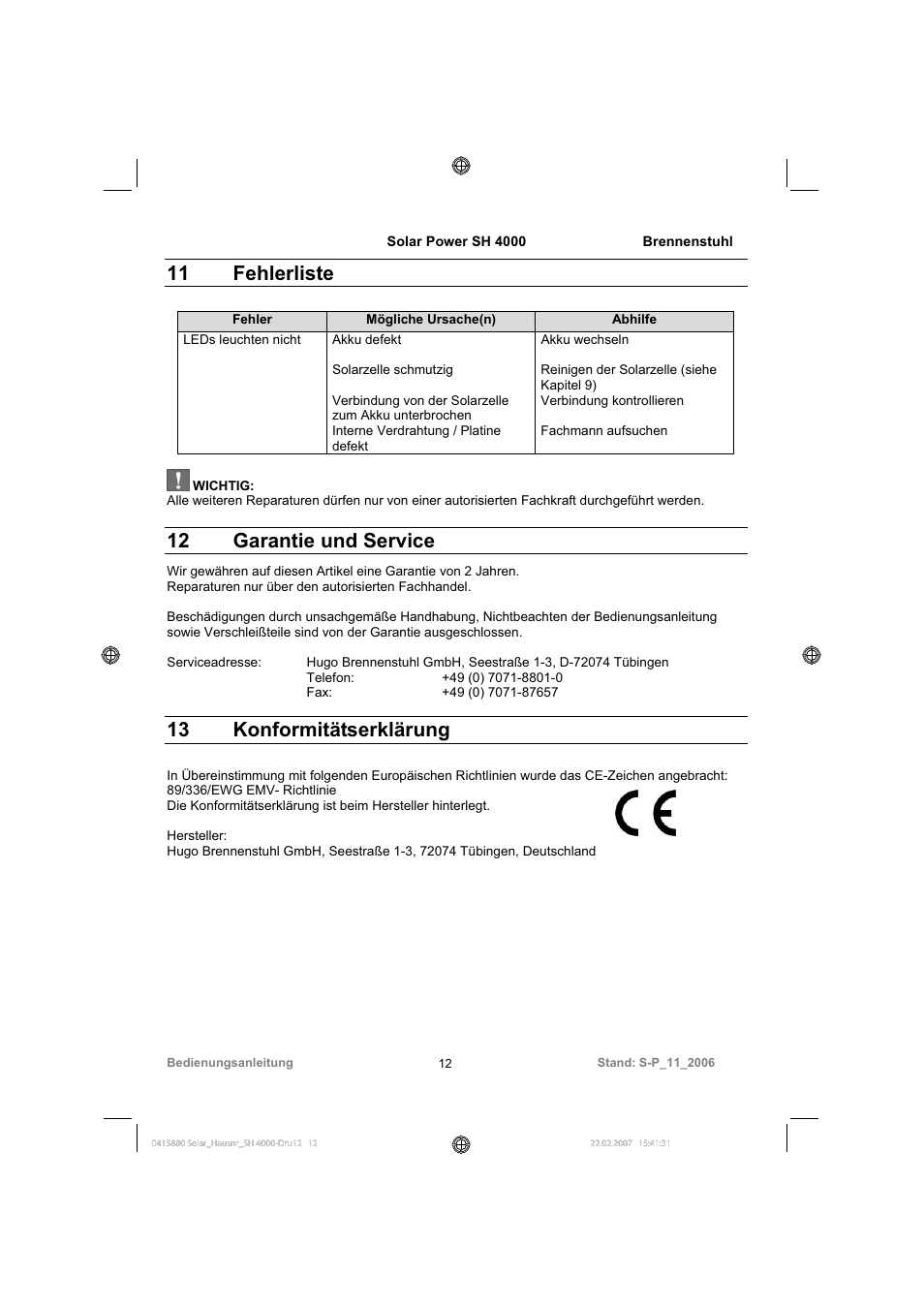 11 fehlerliste, 12 garantie und service, 13 konformitätserklärung | Brennenstuhl Illuminated House Number Solar Power SH 4000 User Manual | Page 12 / 104