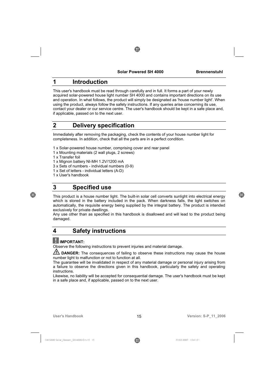 1 introduction, 2 delivery specification, 3 specified use | 4 safety instructions | Brennenstuhl Illuminated House Number Solar Power SH 4000 User Manual | Page 15 / 104