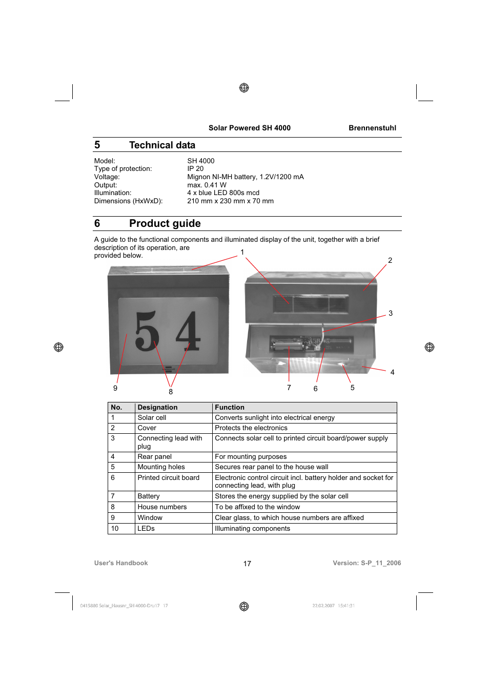 6 product guide, Technical data | Brennenstuhl Illuminated House Number Solar Power SH 4000 User Manual | Page 17 / 104