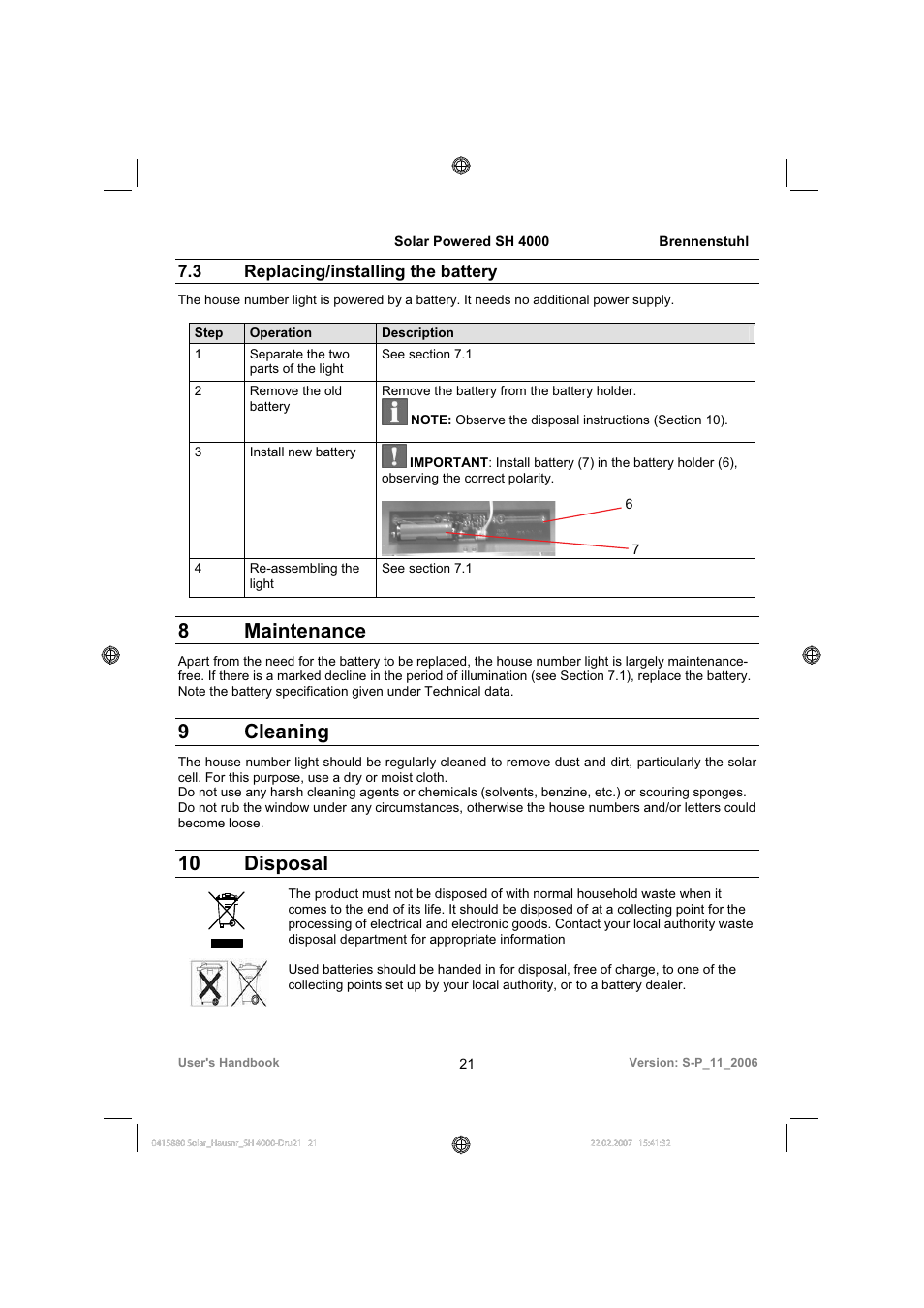 8 maintenance, 9 cleaning, 10 disposal | 3 replacing/installing the battery | Brennenstuhl Illuminated House Number Solar Power SH 4000 User Manual | Page 21 / 104