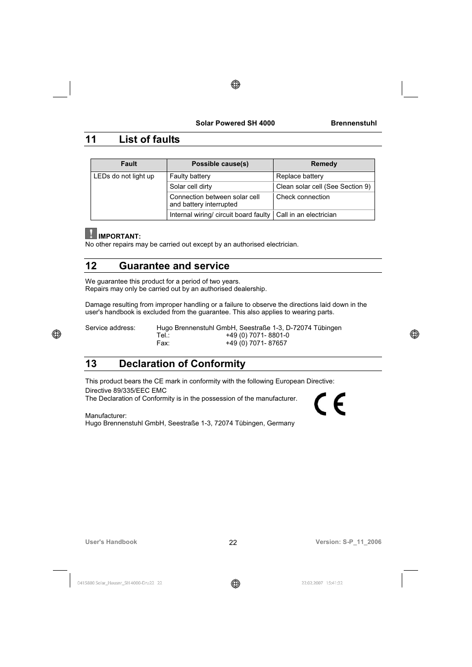 11 list of faults, 12 guarantee and service, 13 declaration of conformity | Brennenstuhl Illuminated House Number Solar Power SH 4000 User Manual | Page 22 / 104