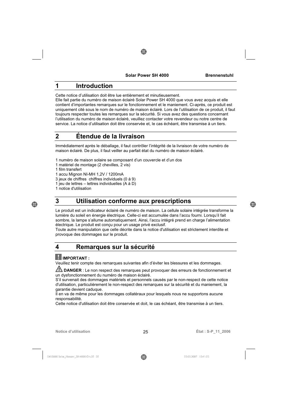 1 introduction, 2étendue de la livraison, 3utilisation conforme aux prescriptions | 4remarques sur la sécurité | Brennenstuhl Illuminated House Number Solar Power SH 4000 User Manual | Page 25 / 104